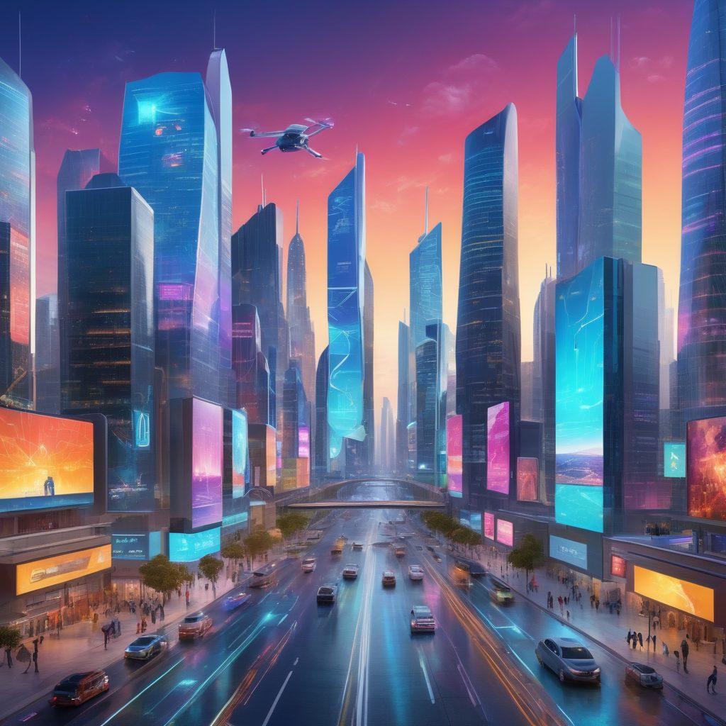 A futuristic cityscape bustling with cutting-edge technology — drones delivering packages, autonomous vehicles, holographic advertisements, and smart structures adorned with digital interfaces. Diverse people interact seamlessly with augmented reality devices and virtual assistants. The city's design is sleek and innovative, emphasizing connectivity and modernity. Super-realistic. Vibrant colors. High-tech ambience.