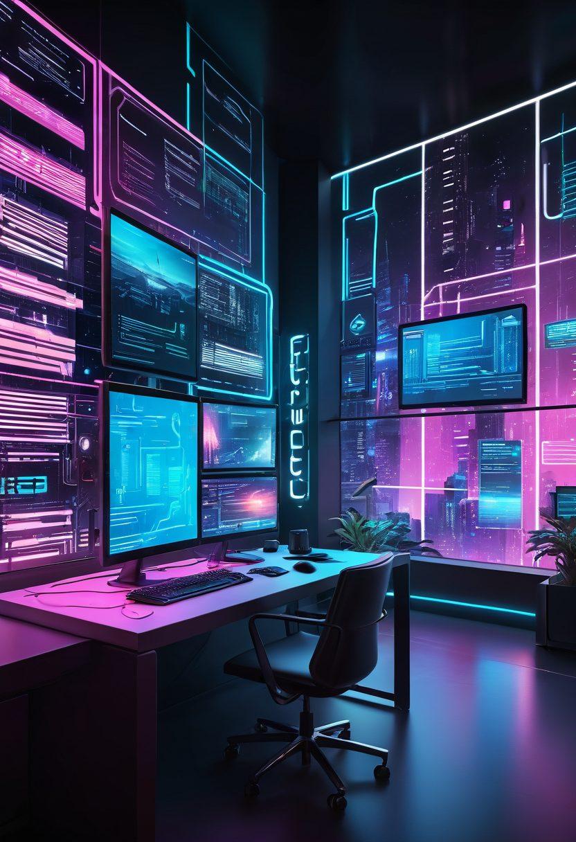 An ultra-modern digital landscape with sleek futuristic interfaces, holographic displays, and vibrant neon colors, showcasing diverse web development elements like coding, UI/UX design, and responsive design patterns. Depict young, diverse developers working collaboratively in a high-tech, innovative environment. cyberpunk. vibrant colors. 3D.