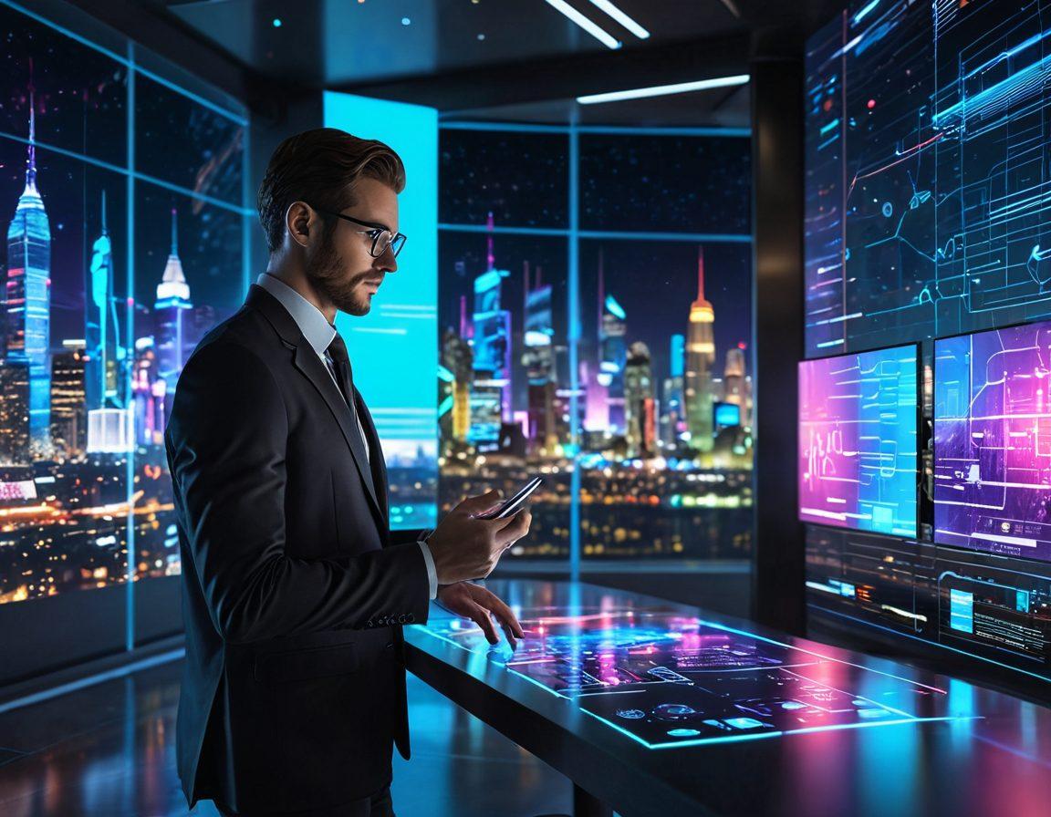 A dynamic and futuristic skyline filled with interconnected digital nodes, servers, and sleek devices seamlessly communicating through vibrant neon data streams. At the forefront, a tech-savvy professional tapping a holographic interface that controls an advanced web service. Background should evoke a sense of limitless connectivity and online success. super-realistic. vibrant colors. futuristic.